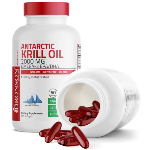 Aceite de krill Bronson con envase y cápsulas al frente
