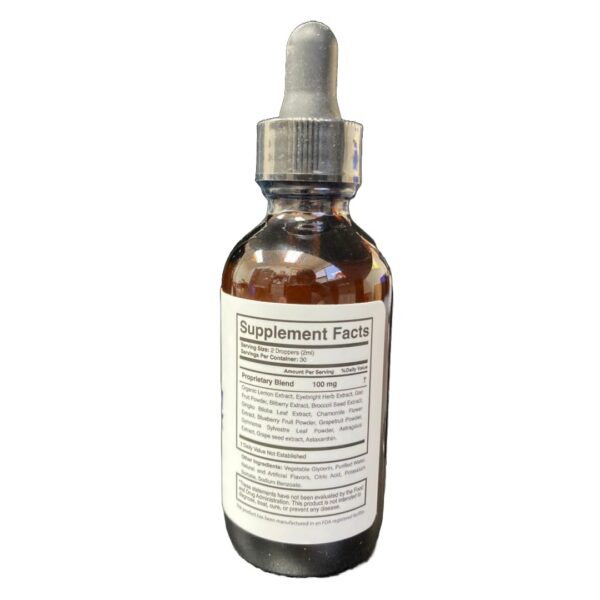 Frasco y gotas del suplemento Alpha Force para apoyo visual