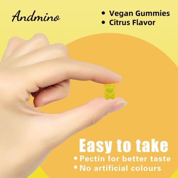 Frasco de gomitas Andmino con etiqueta vegana