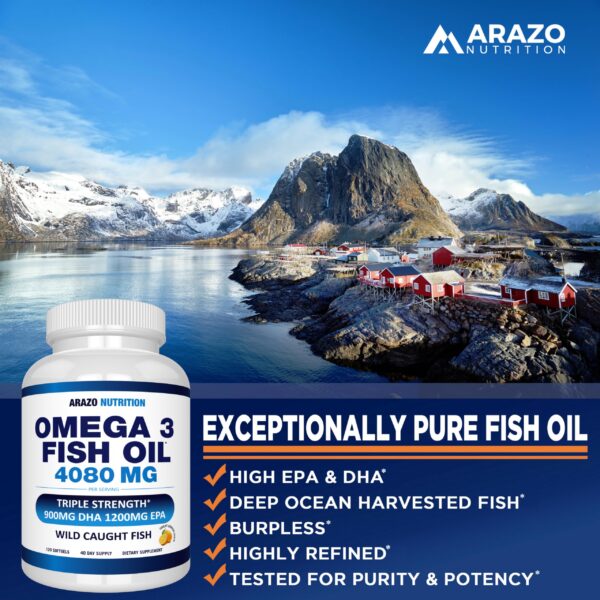 Frasco de suplementos de Omega 3 con certificaciones de Arazo Nutrition