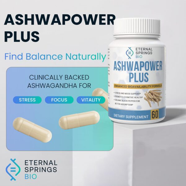 Frasco de AshwaPower Plus con cápsulas