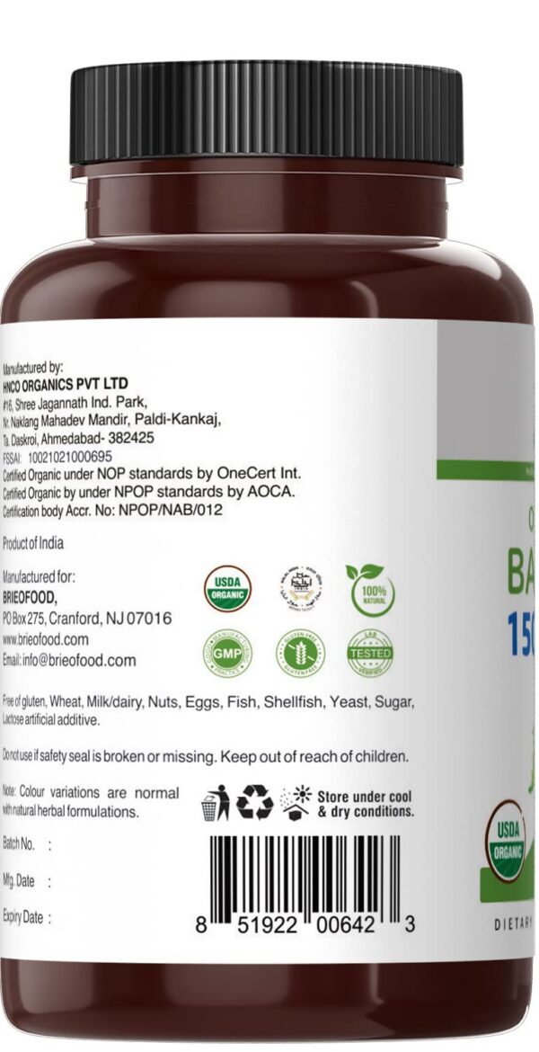 Bacopa orgánico 1500mg porción diaria envase 90 tabletas