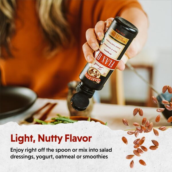 Version 1.0.0 Botella de aceite de linaza sobre fondo blanco