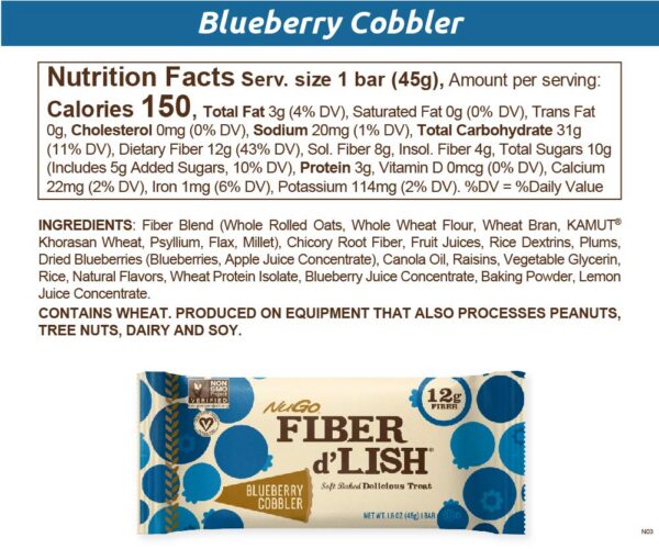 Barra NuGo Fiber d'Lish gusto blueberry para snack saludable