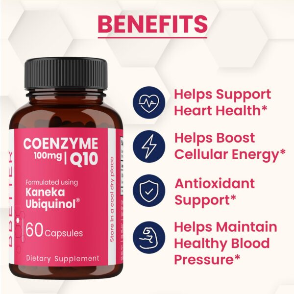 Frasco BBETTER CoQ10 con cápsulas doradas detalle