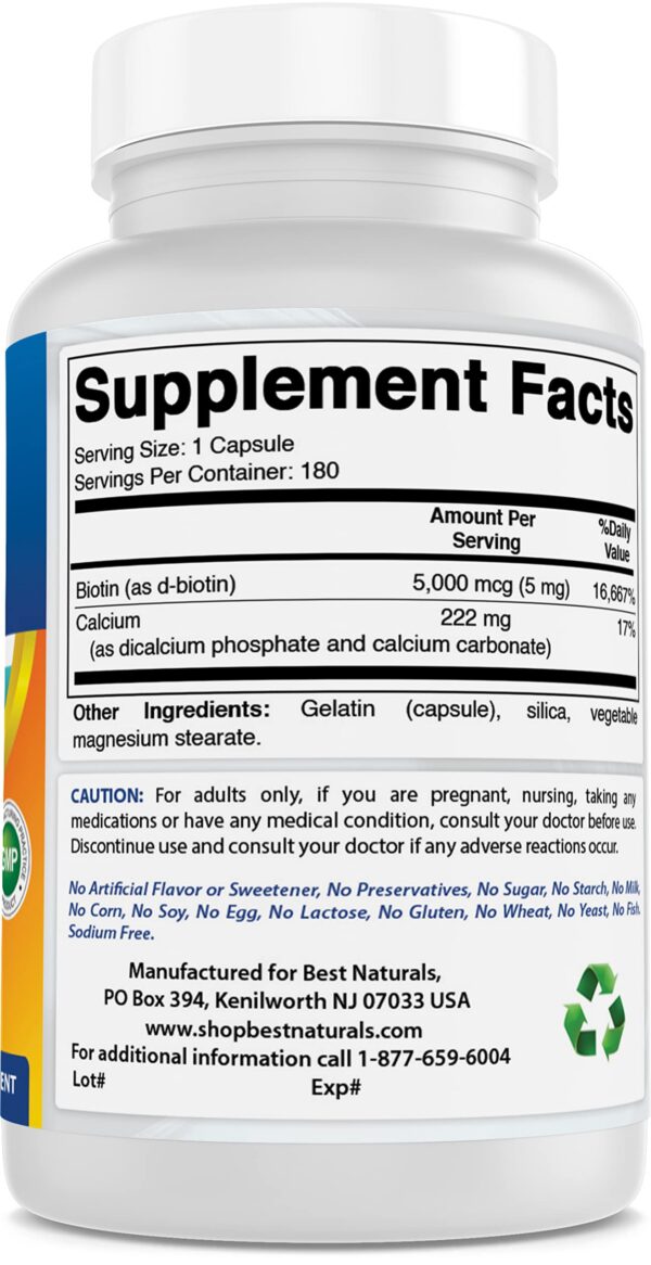 Etiqueta trasera Best Naturals Biotina 5 mg con información