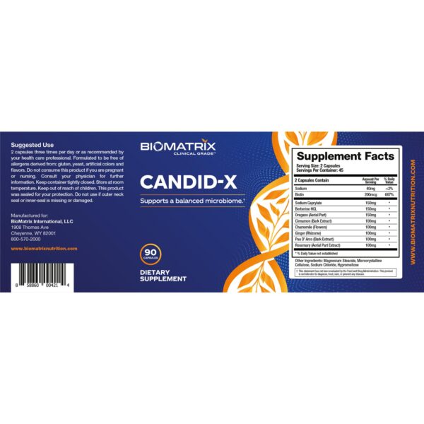 Version 1.0.0 BioMatrix suplemento digestivo Candid-X etiquetas y caja