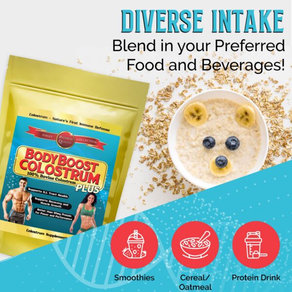 Close up polvo de calostro bovino BodyBoost para suplemento nutricional