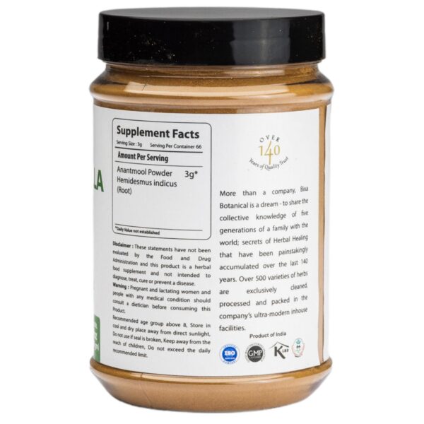 Bolsa polvo sarsaparilla anantmool bixa botanical vegano