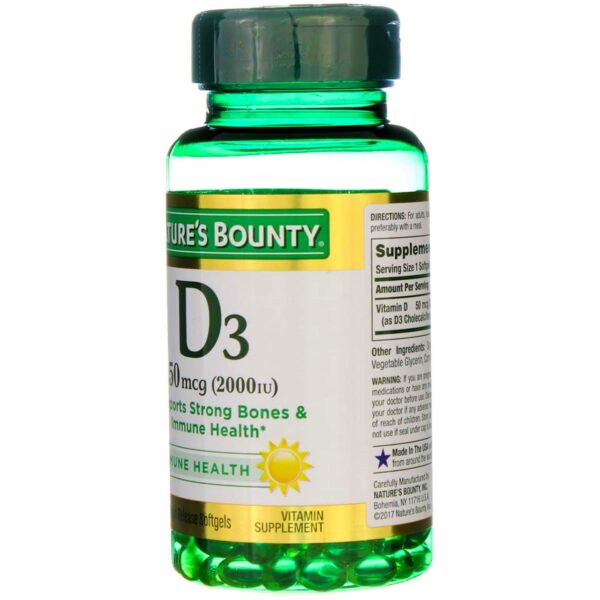 Botella abierta con softgels Vitamina D3 Nature's Bounty