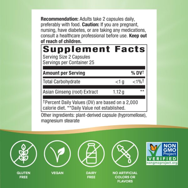 botella con cápsulas ginseng asiático nature's way sobre fondo blanco