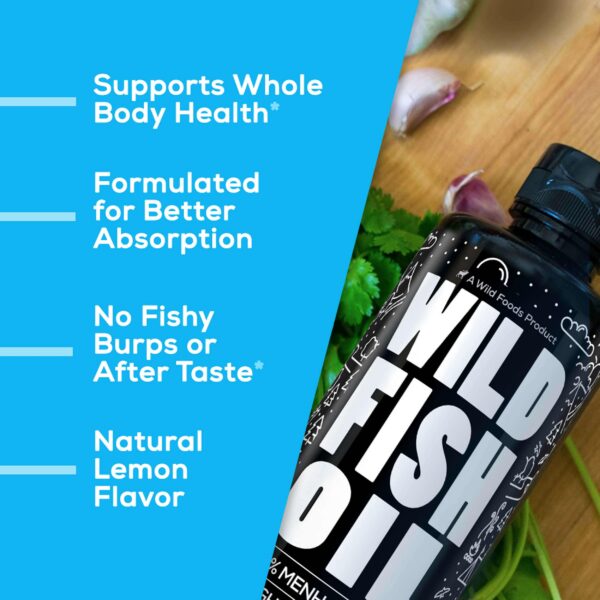 Botella y etiquetas del aceite omega 3 Wild Foods triple fuerza