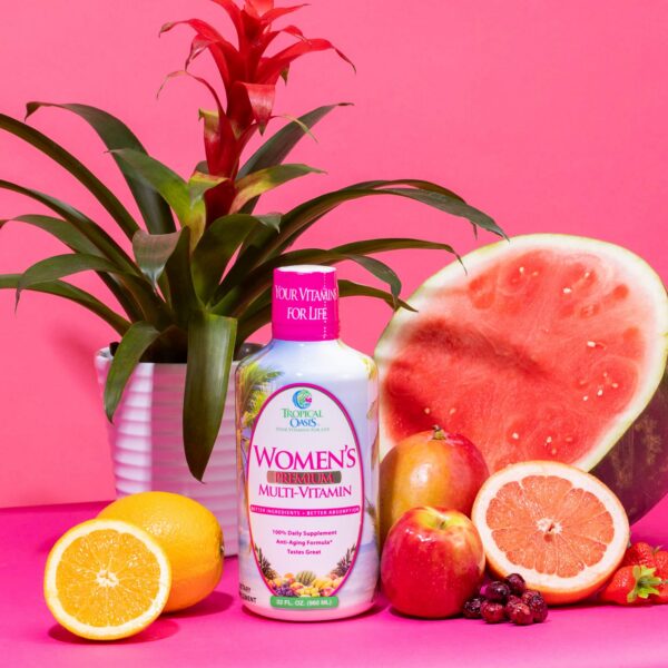 Version 1.0.0 Botella multivitamínico líquido Tropical Oasis para mujeres