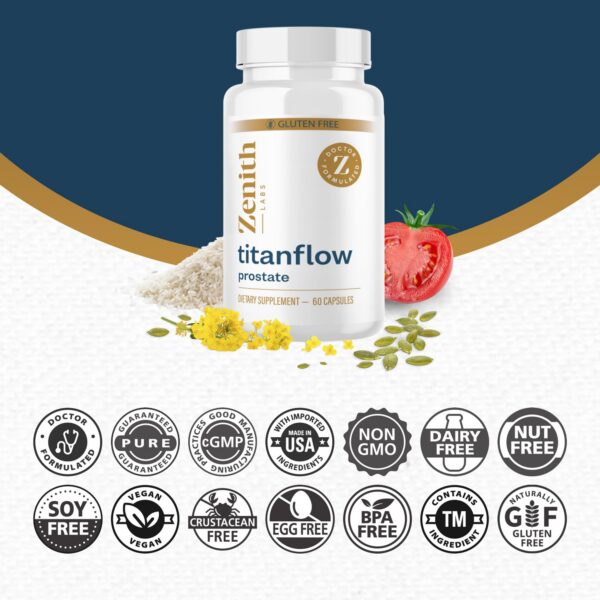 Botella de suplemento TitanFlow con caja y diseño atractivo