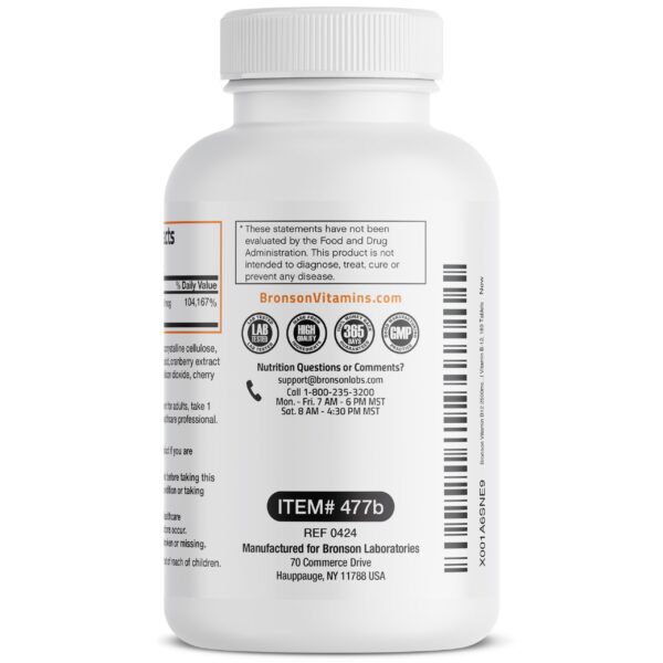 Botella Bronson Vitamina B12 180 tabletas masticables rápida acción