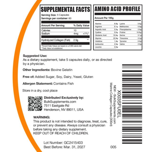 Reverso de la etiqueta BulkSupplements Colágeno Marino