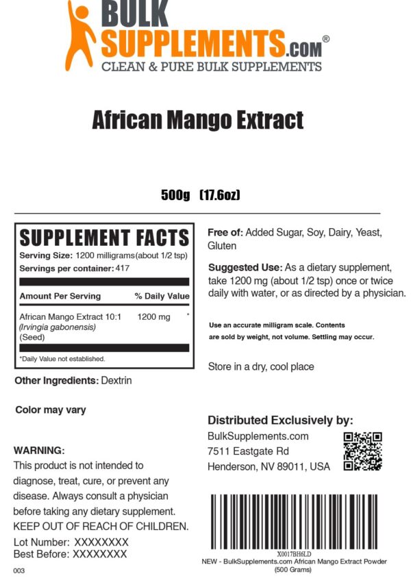 Sello o cierre del envase BulkSupplements mango africano en polvo