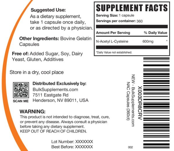 Presentación BulkSupplements NAC 600 mg