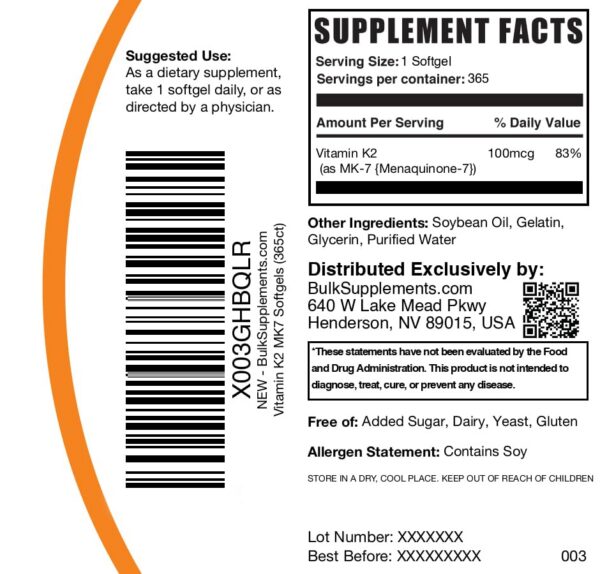 BulkSupplements Vitamina K2 MK7 cápsulas blanda close-up