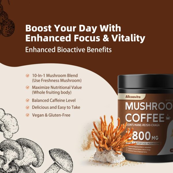 Café de hongos Allcoovita servido en taza con polvo