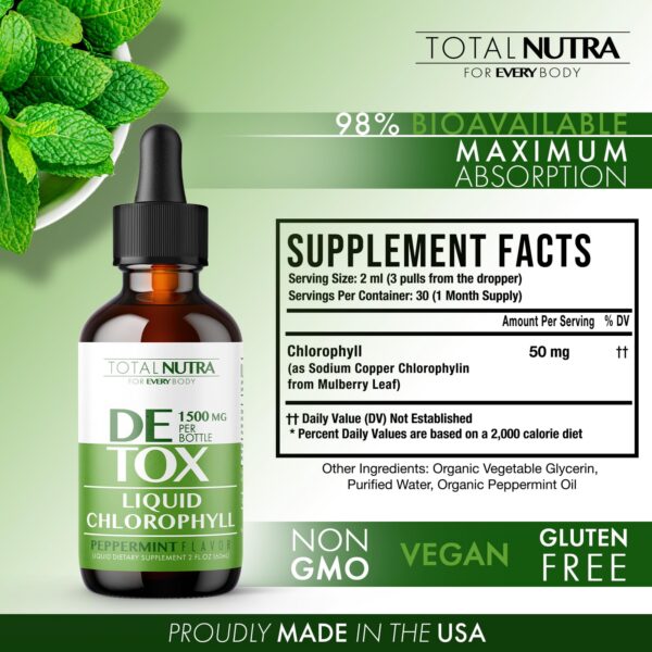 Caja y botella gotas de clorofila líquida Total Nutra vegano