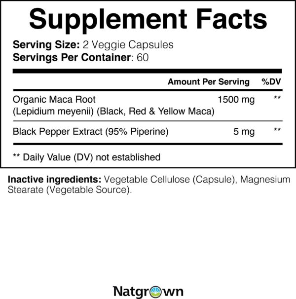 Caja y cápsulas de Maca triple mezcla Natgrown orgánico