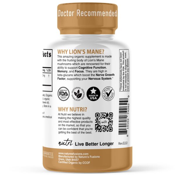 Caja y cápsulas Nutri Lions Mane orgánico de calidad