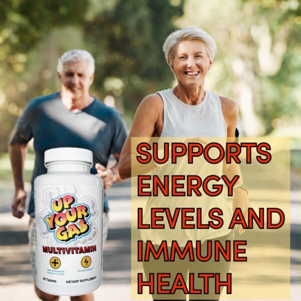 Caja completa y frasco visible de multivitamínico Up Your Gas