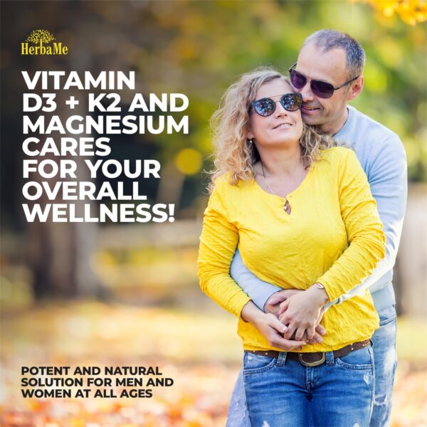 Caja de suplemento HerbaMe con vitamina D3, K2 y magnesio 90 cápsulas