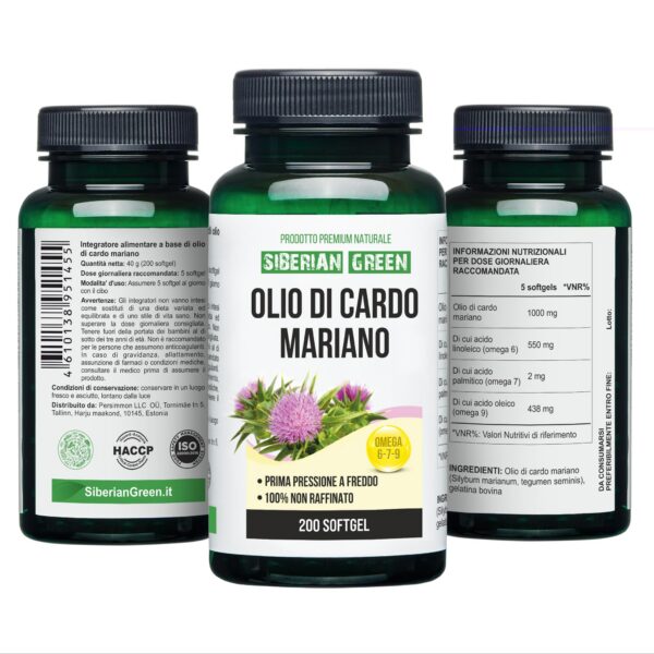 Cápsulas aceites naturales cardo mariano siberiano botella arriba