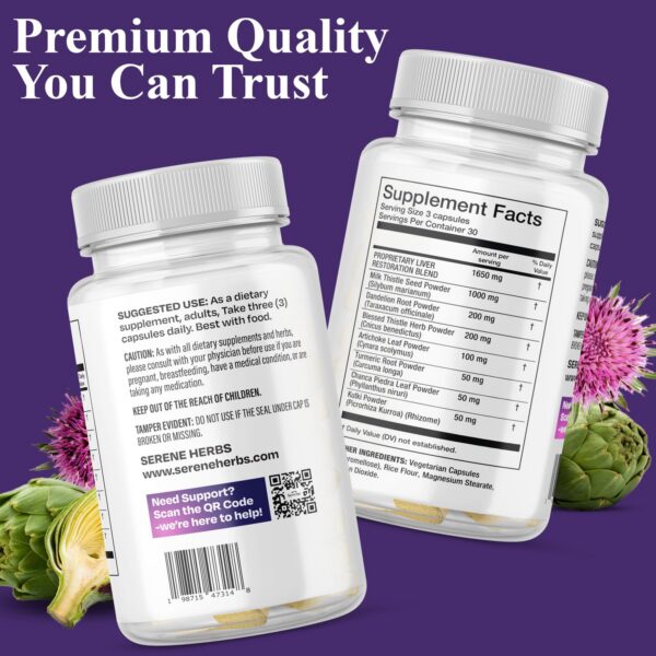 Cápsulas detox para el hígado Serene Herbs en frasco translúcido