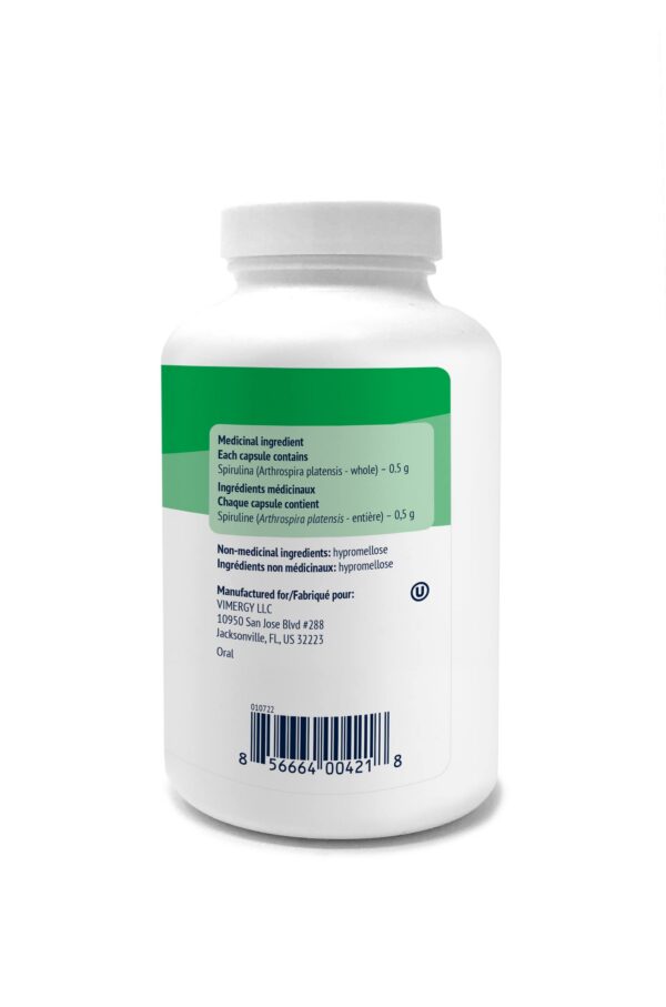 Version 1.0.0 Cápsulas de espirulina Vimergy sobre fondo blanco