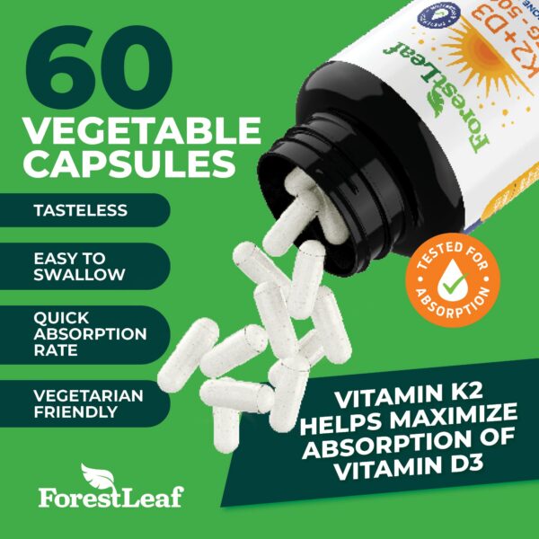 Cápsulas fáciles de tragar ForestLeaf vitamina D3 y K2