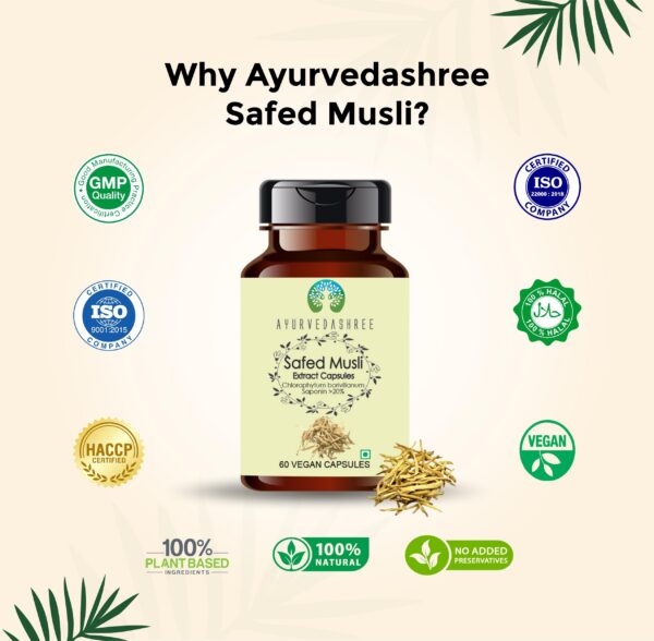 Imagen frontal de cápsulas naturales de AYURVEDASHREE Safed Musli