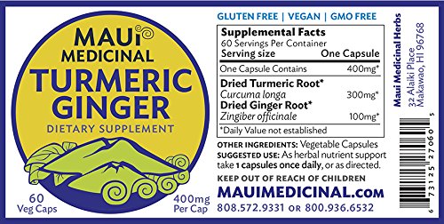 Cápsulas naturales cúrcuma y jengibre ayuda digestiva Maui Medicinal
