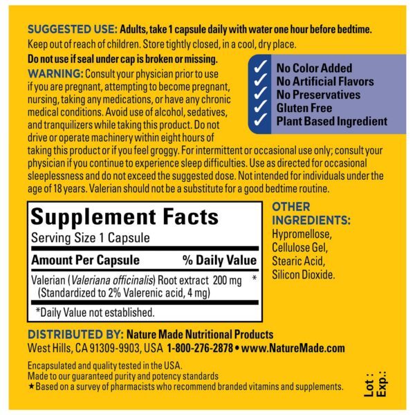 Cápsulas Nature Made valeriana extracto triple acción para sueño
