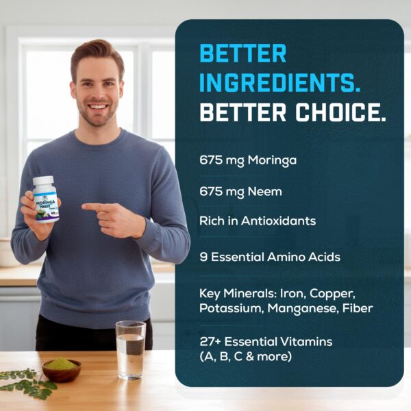 Capsulas Neem y Moringa en fondo claro