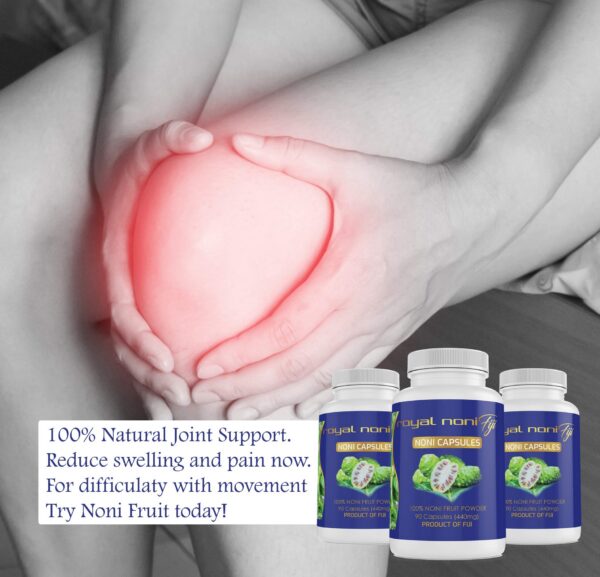 Cápsulas Royal Noni Fiji lado a lado con fruta noni fresca