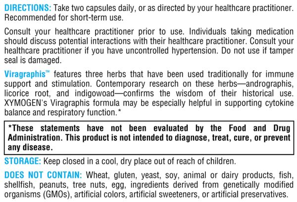 Cápsulas del suplemento inmunológico XYMOGEN Viragraphis