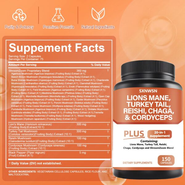 Capsulas supleentas con reishi, cordyceps y cola de pavo para salud neural