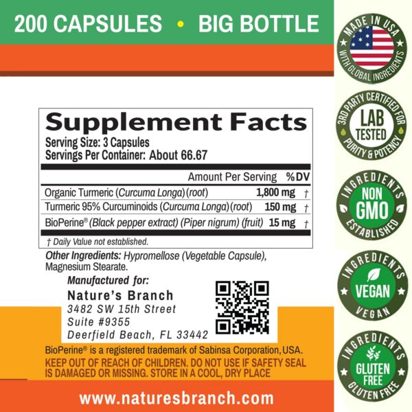 Cápsulas veganas de cúrcuma Nature's Branch para apoyo articular