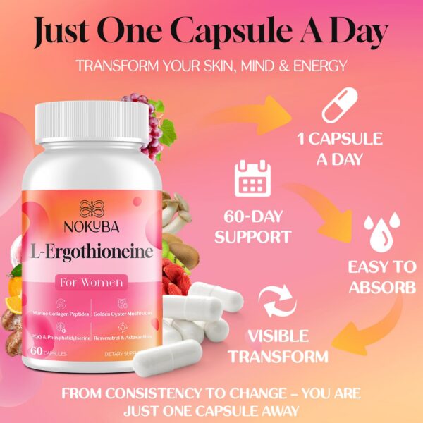 Detalle de las cápsulas veganas Nokuba L-Ergothioneine para mujeres