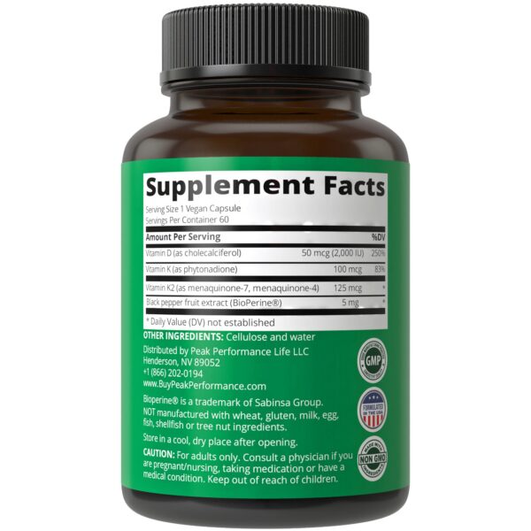 Cápsulas vegetales Peak Performance 2000 IU vitamina d con k
