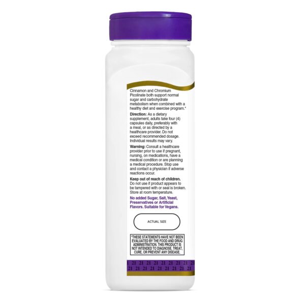 Cápsulas vegetarianas de canela y cromo 21st Century bienestar