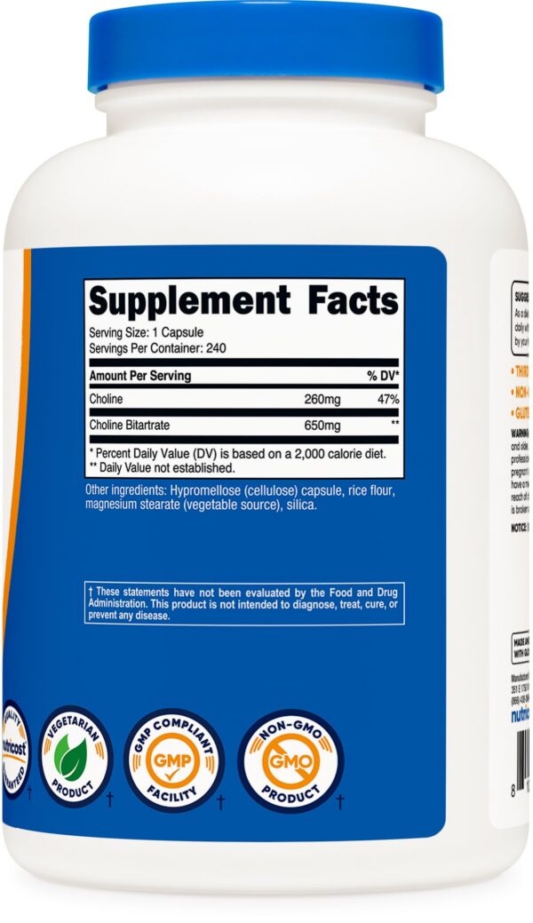 Cápsulas vegetarianas de colina bitartrato Nutricost para salud cerebral