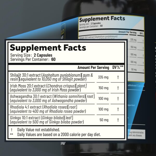 Cápsulas vistas de cerca Shilajit Holistic Method 120 cápsulas