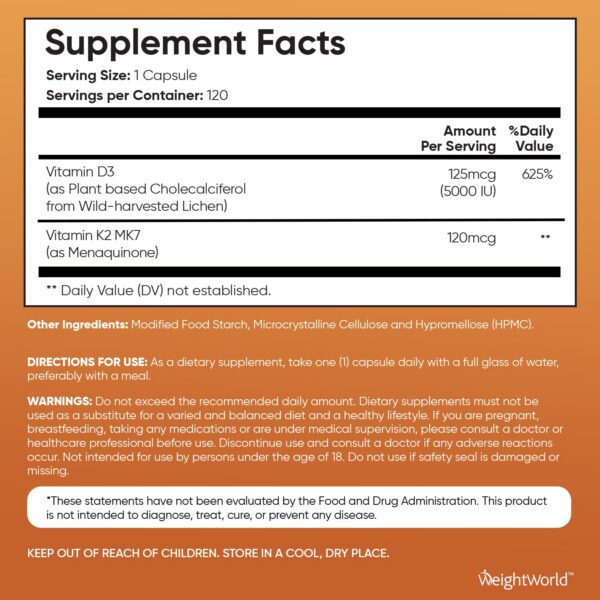 Cápsulas WeightWorld vitamina D3 K2 para huesos fuertes