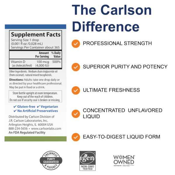 Carlson vitamina D3 suplemento liquido 4000 IU fácil dosificación sin sabor