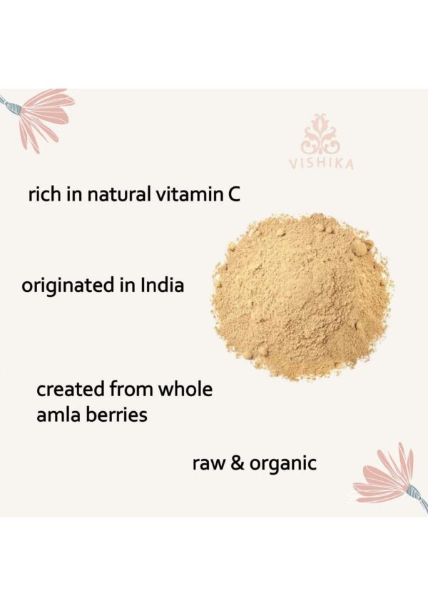 Cerca del envase VISHIKA polvos orgánicos amla ayurvédico