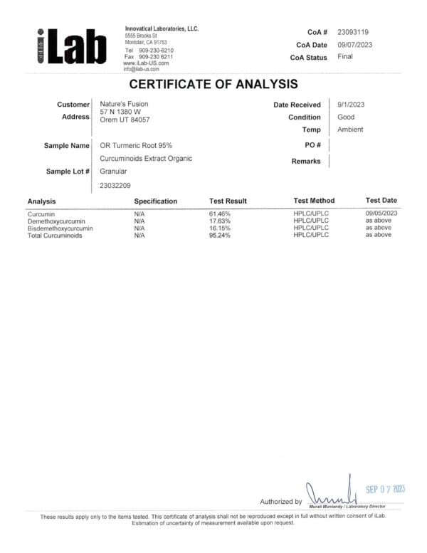 Certificado orgánico USDA suplementación cúrcuma Nutri
